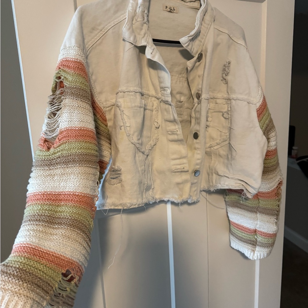 POL Distressed Cropped Denim White Jean Sweater Sleeve Jacket | M | Oversized